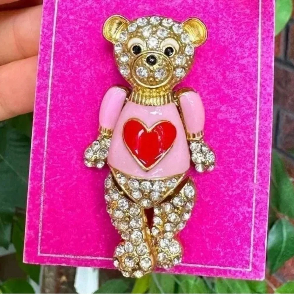 Pink Bear Heart Crystal Brooch